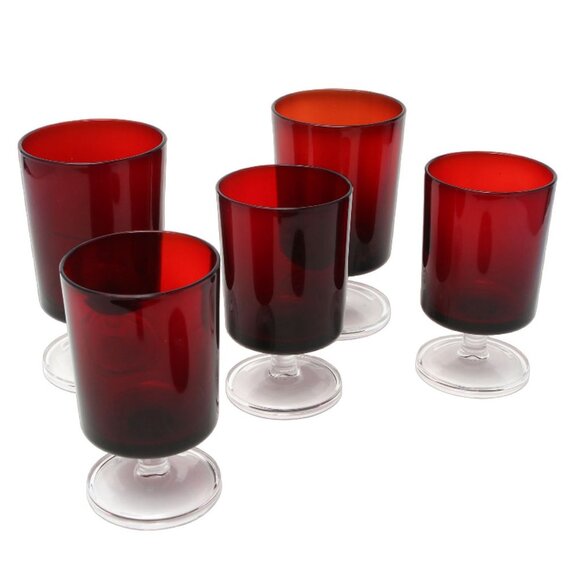 Vintage 70s Cristal D'Arques of France Cavalier Wine Goblets Glasses Ruby Red x5 - Picture 5 of 13